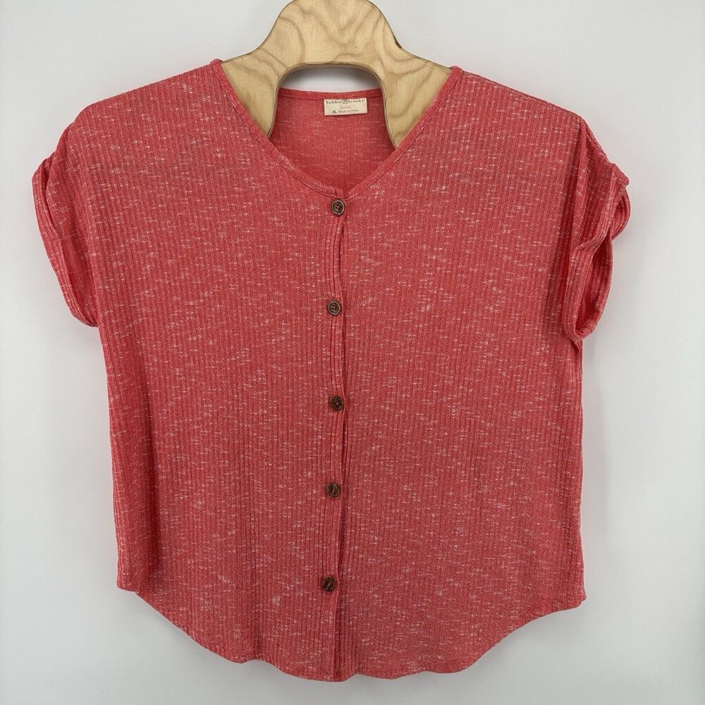 Bobbie Brooks Women’s Red Marled Knit Button Front Top XL Short Sleeve